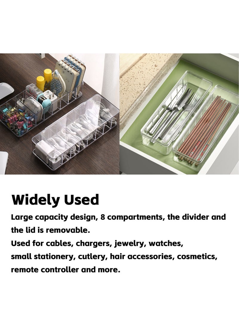 Teuuea - 2 Pieces Charger Cable Organizer Storage Box, Clear Data Cable Cord Case with Lid, 8 Compartments Grids, Home Office Desk Transparent Electronics Cable Holder with 20PCS Cable Straps (27*9.5*6CM) - Image 1