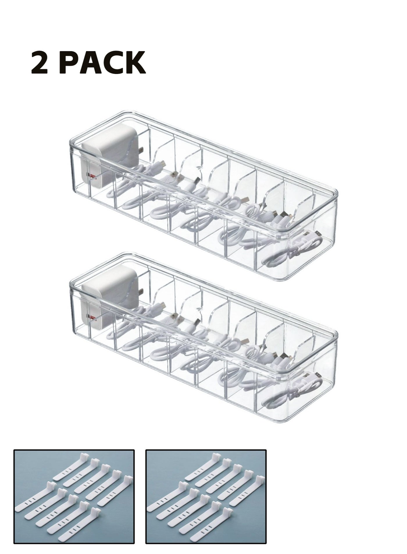Teuuea 2 Pieces Charger Cable Organizer Storage Box, Clear Data Cable Cord Case with Lid, 8 Compartments Grids, Home Office Desk Transparent Electronics Cable Holder with 20PCS Cable Straps (27*9.5*6C