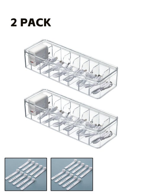 2 Pieces Charger Cable Organizer Storage Box, Clear Data Cable Cord Case with Lid, 8 Compartments Grids, Home Office Desk Transparent Electronics Cable Holder with 20PCS Cable Straps (27*9.5*6CM)