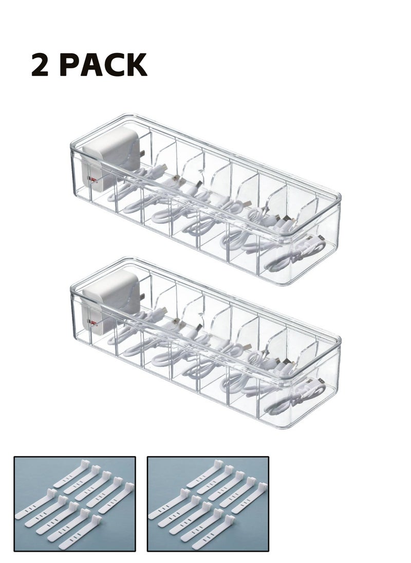 Teuuea 2 Pieces Charger Cable Organizer Storage Box, Clear Data Cable Cord Case with Lid, 8 Compartments Grids, Home Office Desk Transparent Electronics Cable Holder with 20PCS Cable Straps (27*9.5*6CM)  - Image 1