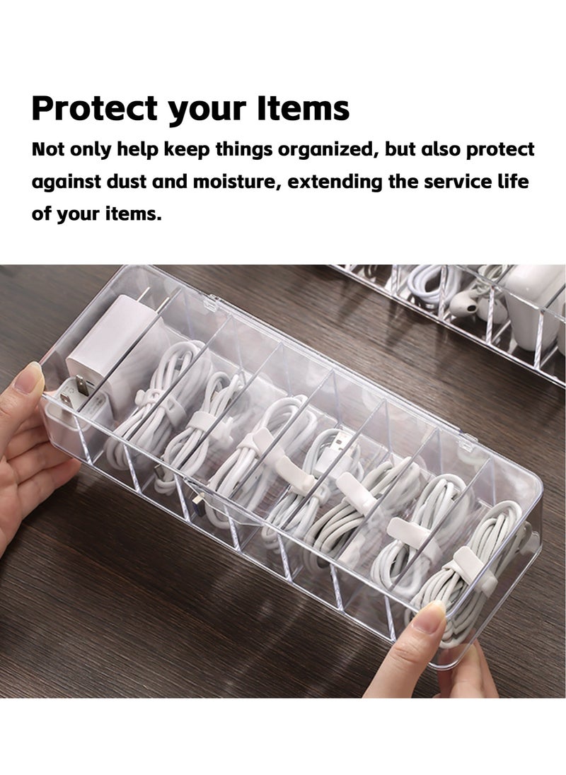 Teuuea 2 Pieces Charger Cable Organizer Storage Box, Clear Data Cable Cord Case with Lid, 8 Compartments Grids, Home Office Desk Transparent Electronics Cable Holder with 20PCS Cable Straps (27*9.5*6CM)  - Image 5