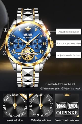 OUPINKE Blue Men Wrist Watches Automatic Skeleton Mechanical Luxury Dress Tungsten Steel Luminous Waterproof Sapphire Diamond Calendar Best Gifts Watches for Men… - Image 5