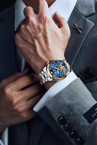 OUPINKE Blue Men Wrist Watches Automatic Skeleton Mechanical Luxury Dress Tungsten Steel Luminous Waterproof Sapphire Diamond Calendar Best Gifts Watches for Men… - Image 3