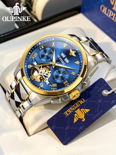 OUPINKE Blue Men Wrist Watches Automatic Skeleton Mechanical Luxury Dress Tungsten Steel Luminous Waterproof Sapphire Diamond Calendar Best Gifts Watches for Men… - Image 2