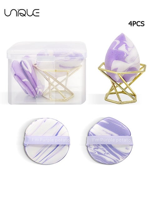 4Pcs Cosmetic Sponge Set - Puff & Bi-Color Double Sided Air Cushion - With Box and Stand, Latex Free, Super Soft, Wet & Dry, Suitable for Cream, Powder (Purple)