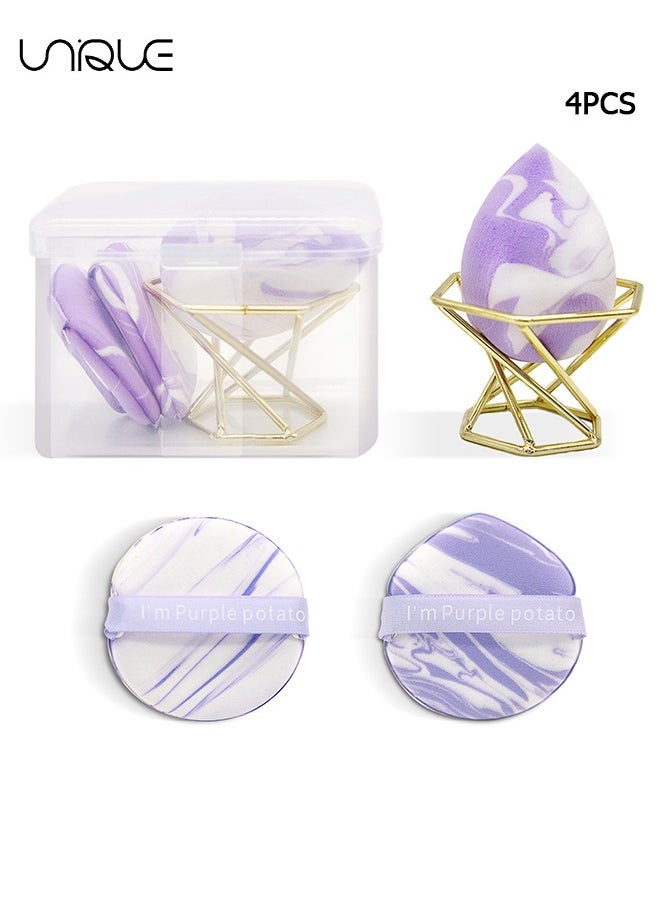 Unique 4Pcs Cosmetic Sponge Set - Puff & Bi-Color Double Sided Air Cushion - With Box and Stand, Latex Free, Super Soft, Wet & Dry, Suitable for Cream, Powder (Purple)  - Image 1