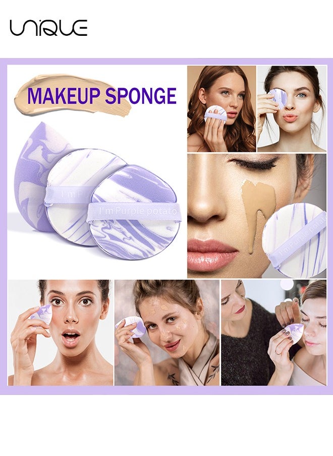 4Pcs Cosmetic Sponge Set - Puff & Bi-Color Double Sided Air Cushion - With Box and Stand, Latex Free, Super Soft, Wet & Dry, Suitable for Cream, Powder (Purple)