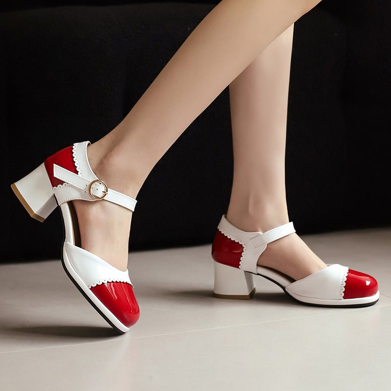 Summer Casual Mid-Heel 33-48 Plus Size Burned Flower Color-Matching Buckle Hollow Sandals For Women - Image 5