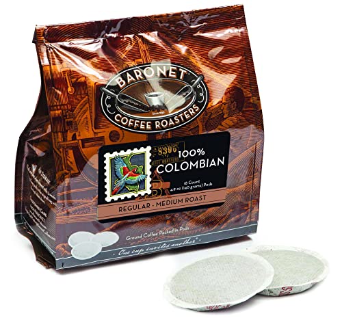 Baronet Coffee Pods 100 Colombian  54 Pods Single Cup Use for Senseo Coffee Machine  3 Bags of 18 Single Serve 8 Gram Regular Strength Medium Roast 100 Colombian - Image 1