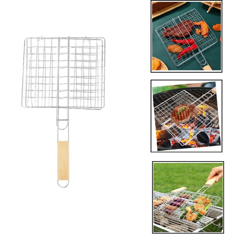Kruvad Outdoor Small Size Stainless Steel Wooden Handle Paneer Tandoor Barbeque Grill Basket Food Grill Tool Grill BBQ Net Steak Meat Vegetable Holder With Multiple Basket Roast Gril Papad Toast - Image 1