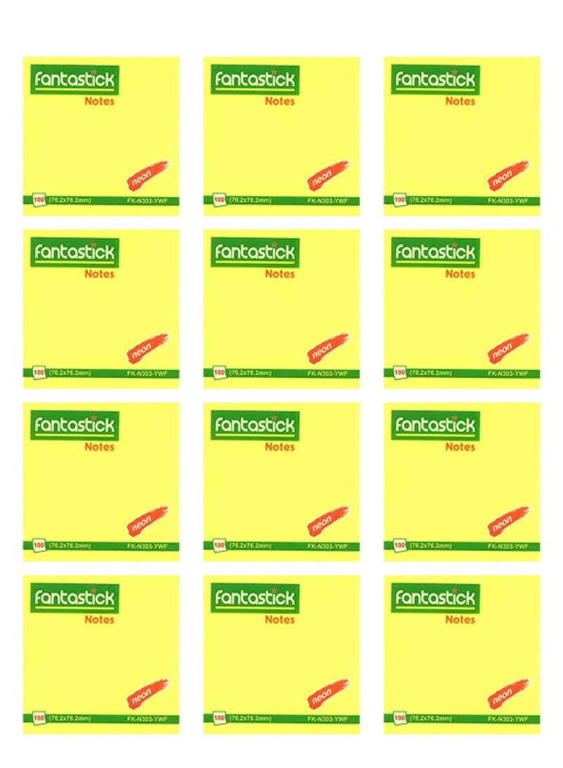 Fantastick 12-Piece Sticky Notes 3x3 Inch Size Neon Yellow - Image 1