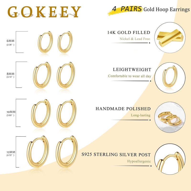 Gokeey Gold Earrings for Women Men, 14k Gold Plated Hypoallergenic Small Hoop Earrings Jewelry, Gold Huggie Hoops Earrings Set Lightweight Cartilage Earrings Gifts 4 Pair - Image 4