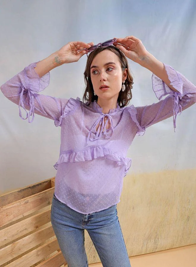 Freehand  Women Relaxed Fit Textured V-Neck Long Sleeve Ruffled Top for Women | Best Price UAE