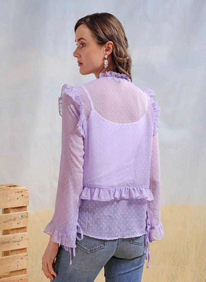 Freehand  Women Relaxed Fit Textured V-Neck Long Sleeve Ruffled Top for Women | Best Price UAE