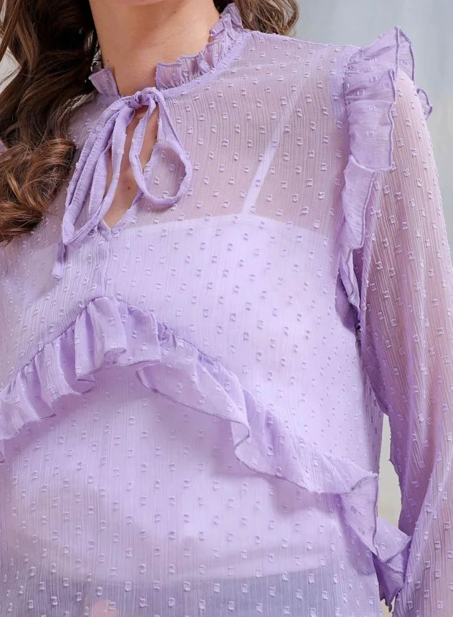 Freehand  Women Relaxed Fit Textured V-Neck Long Sleeve Ruffled Top for Women | Best Price UAE