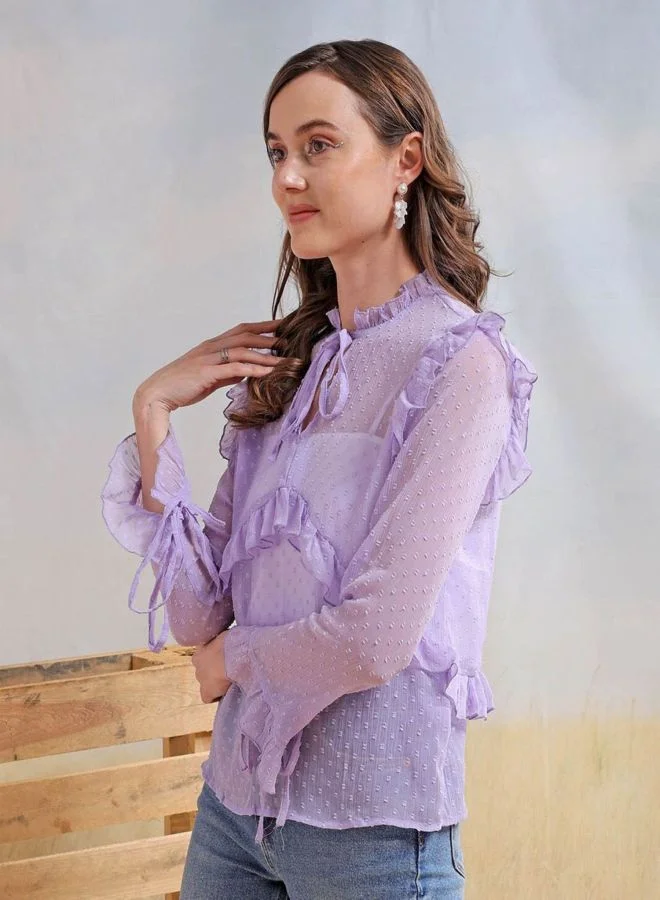 Freehand  Women Relaxed Fit Textured V-Neck Long Sleeve Ruffled Top for Women | Best Price UAE