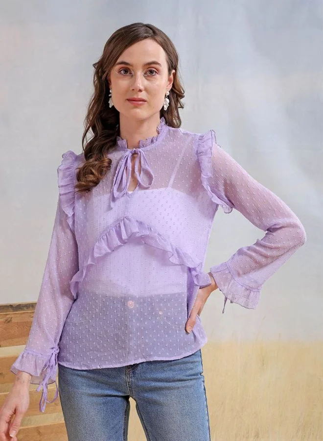 Freehand  Women Relaxed Fit Textured V-Neck Long Sleeve Ruffled Top for Women | Best Price UAE