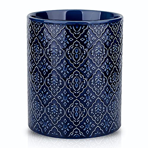KOOV Kitchen Utensil Holder, Large Utensil Holders for Countertop, 6 x 7 Inches Ceramic Utensil Crock, Deep and Stable, Cooking Utensil Holder, Embossed Pattern (BLue) - Image 1