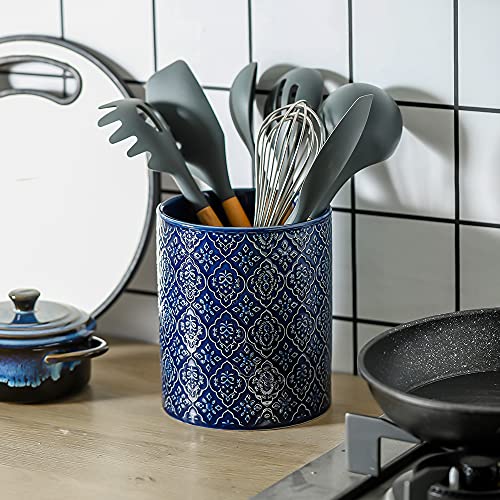KOOV Kitchen Utensil Holder, Large Utensil Holders for Countertop, 6 x 7 Inches Ceramic Utensil Crock, Deep and Stable, Cooking Utensil Holder, Embossed Pattern (BLue) - Image 4