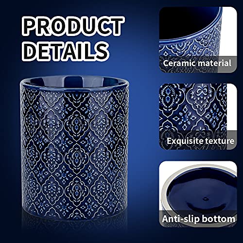 KOOV Kitchen Utensil Holder, Large Utensil Holders for Countertop, 6 x 7 Inches Ceramic Utensil Crock, Deep and Stable, Cooking Utensil Holder, Embossed Pattern (BLue) - Image 2