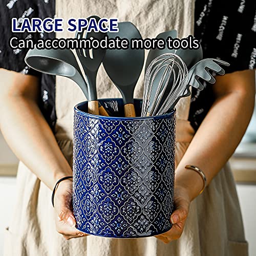 KOOV Kitchen Utensil Holder, Large Utensil Holders for Countertop, 6 x 7 Inches Ceramic Utensil Crock, Deep and Stable, Cooking Utensil Holder, Embossed Pattern (BLue) - Image 5
