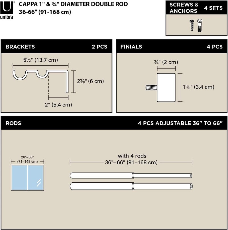 UMBRA Cappa Double Curtain Rod, Includes 2 Matching Finials, Brackets & Hardware, 36 to 66-Inch, Black - Image 3