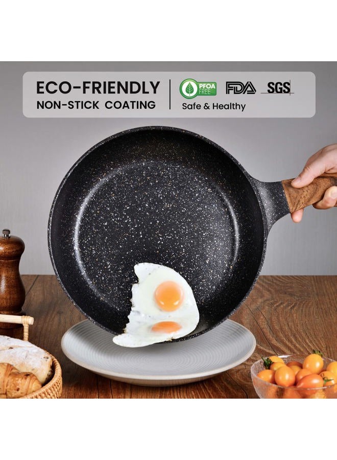 MOJIRE Nonstick Frying Pans Set with Lid, 10 In 11.5 In Aluminum Granite Coating Chef's Pan, Non Stick Flat Skillet Set with Glass Cover, Cookware Set Suitable for Gas Stove, Induction Glass Top - Image 2