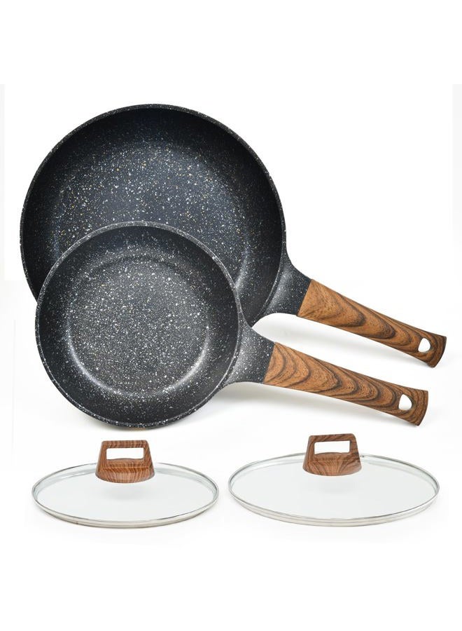 MOJIRE Nonstick Frying Pans Set with Lid, 10 In 11.5 In Aluminum Granite Coating Chef's Pan, Non Stick Flat Skillet Set with Glass Cover, Cookware Set Suitable for Gas Stove, Induction Glass Top - Image 1