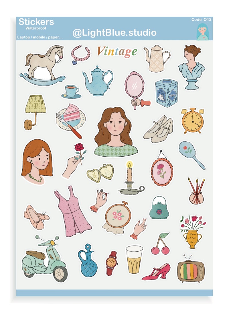 Boomah Accessories Set of 34-Pieces of Cute Vintage Waterproof Vinyl Stickers , Laptop Vinyl Stickers , Mobile Vinyl Stickers, Vinyl Stickers for Skateboard Guitar Travel Case Graffiti Vinyl Stickers Door Luggage Car Bike Bicycle for Kids Teens Girls , Adults, nursery, A5 size