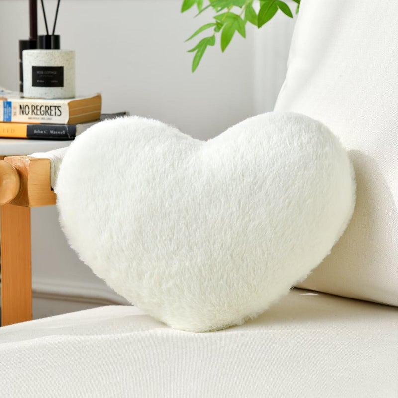 IREMATE Heart Pillow White Throw Pillows for Bed Couch Cute Faux Rabbit Fur Small Pillow for Women Valentine Anniversary Fall Halloween Christmas Home Decor Mini 13x10 - Image 2