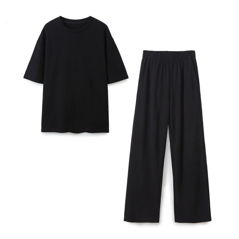 2024 Cross-border Summer European and American Womens Solid Color Base Shirt Round Neck Casual Loose T-shirt Straight Trousers E73815 Black suit A04