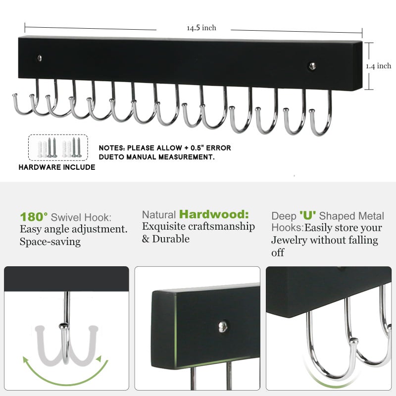AnDock Necklace Holder Wall Mounted Jewelry Organizer - 2 Pack Wooden with 28 Hooks, Hanging Earring & Ring Bracelet Storage, Decorative Space-Saving Jewelry Display (Black) - Image 3