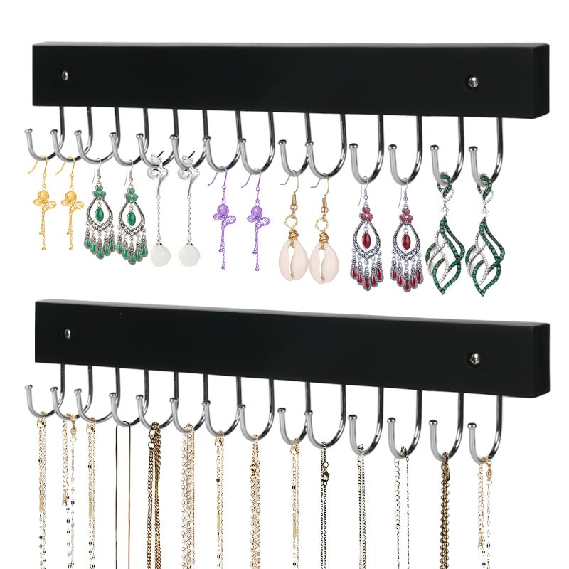 AnDock Necklace Holder Wall Mounted Jewelry Organizer - 2 Pack Wooden with 28 Hooks, Hanging Earring & Ring Bracelet Storage, Decorative Space-Saving Jewelry Display (Black) - Image 1