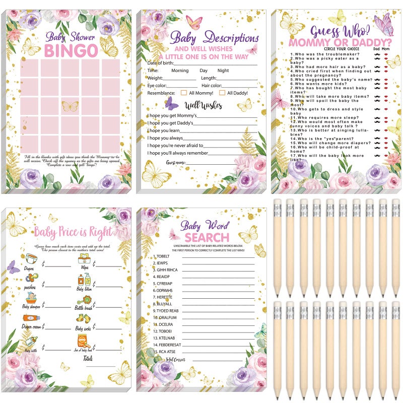 Sinmoe 145 Pcs Butterfly Baby Shower Games Supplies 5 Sets Baby Shower Games Activities Cards with 20 Pcs Funny Pencils Include Descriptions and Wishes Guess Who Bingo Play Word Search - Image 2
