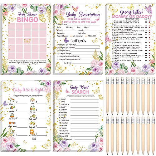 Sinmoe 145 Pcs Butterfly Baby Shower Games Supplies 5 Sets Baby Shower Games Activities Cards with 20 Pcs Funny Pencils Include Descriptions and Wishes Guess Who Bingo Play Word Search - Image 1