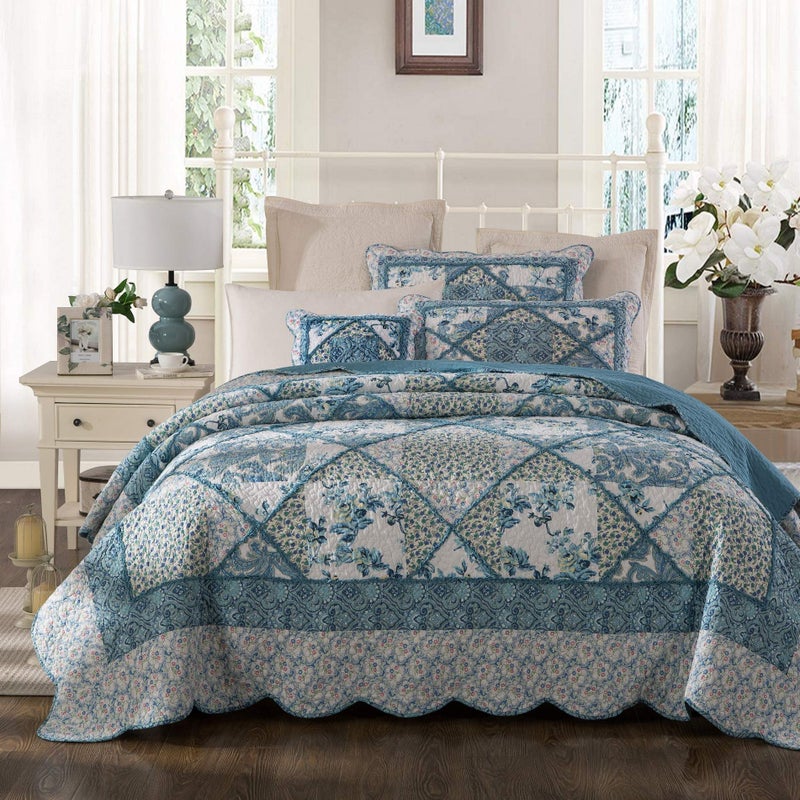 Tache Home Fashion Tache Cotton Patchwork Farmhouse Cottage Country Vintage Antique Ditsy Floral Paisley White Blue Scalloped Lightweight Coverlet Petal Dance Quilt Set California King 
