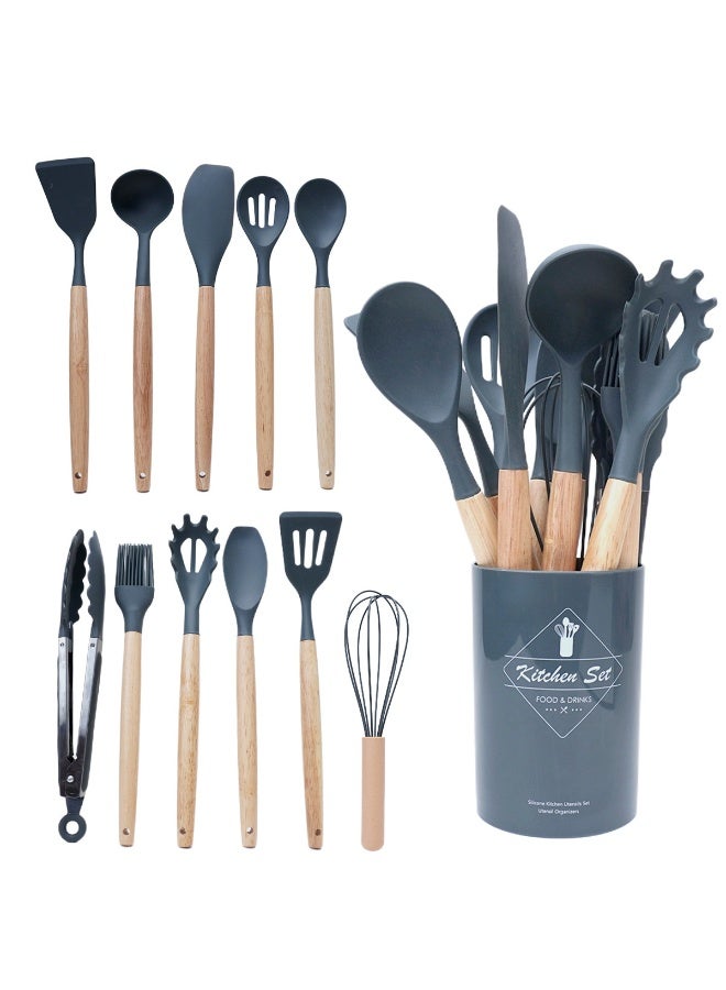 مجموعة أدوات الطهي، 14 قطعة من أدوات المطبخ المقاومة للحرارة، أدوات مطبخ سيليكون عالية الجودة، ملعقة تقطيع، ملعقة، ملعقة حساء، ملعقة قضم المعكرونة، مصفاة الشوائب، ملقط للأواني غير اللاصقة، رمادي - Image 2