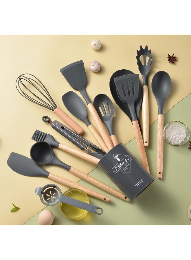 مجموعة أدوات الطهي، 14 قطعة من أدوات المطبخ المقاومة للحرارة، أدوات مطبخ سيليكون عالية الجودة، ملعقة تقطيع، ملعقة، ملعقة حساء، ملعقة قضم المعكرونة، مصفاة الشوائب، ملقط للأواني غير اللاصقة، رمادي - Image 1