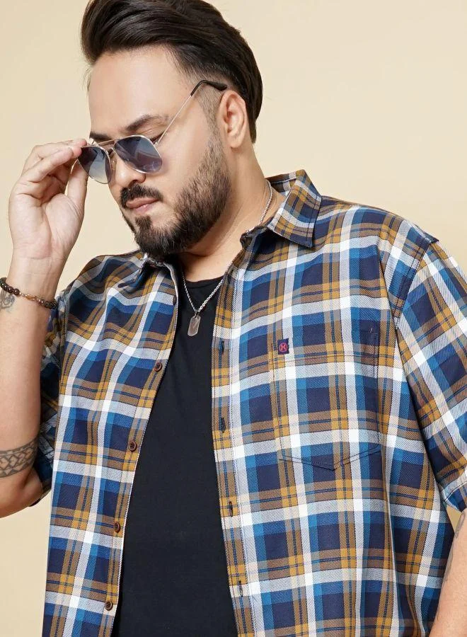 Men Plus Size Regular Fit Checkered Cutaway Collar Half Sleeves Casual Shirt