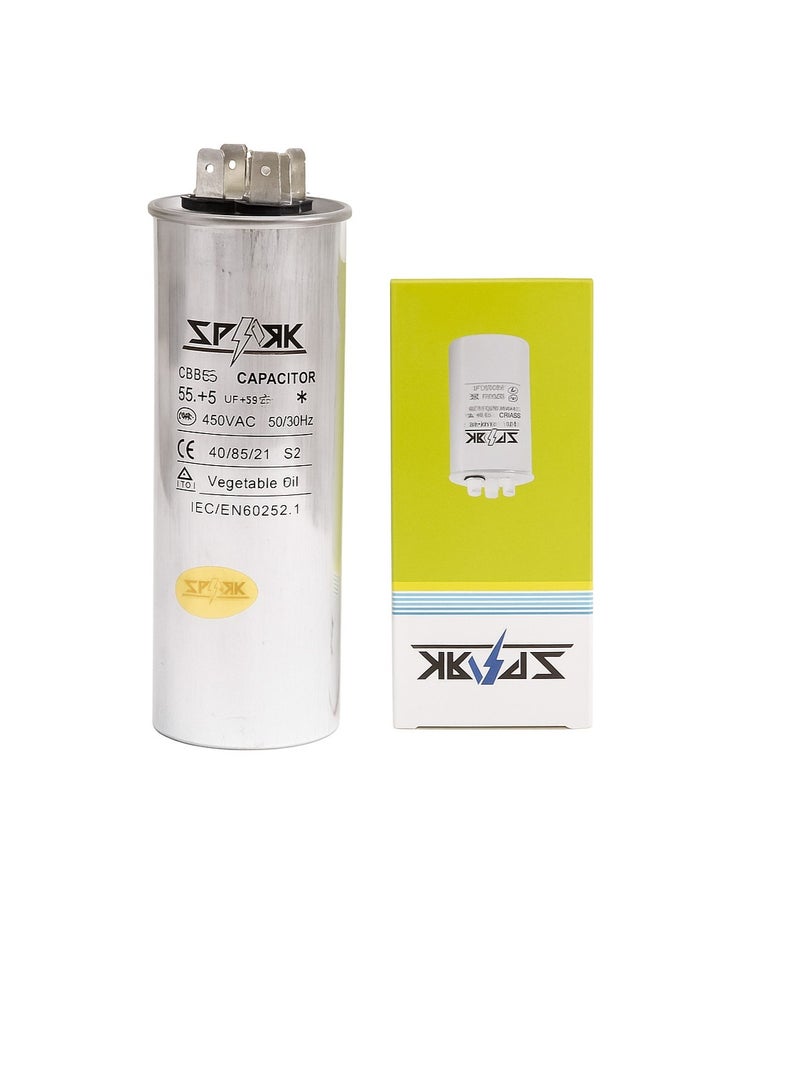 Capacitor for A/C 55+5 Mfd uF (microfarads) 370 or 450VAC CBB65 Round Universal fit for hvac and other applications 5-1/4 in High 2-1/8 in Wide CON-55/5-450 Replaces CAP-55/5-450
