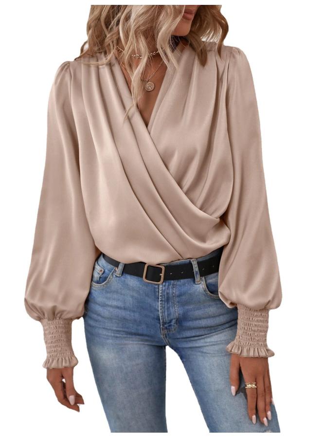 VUELO European And American Women's Elegant Women's V-neck Lantern Sleeve Elegant Commuter Women's Solid Color Shirt - Image 1