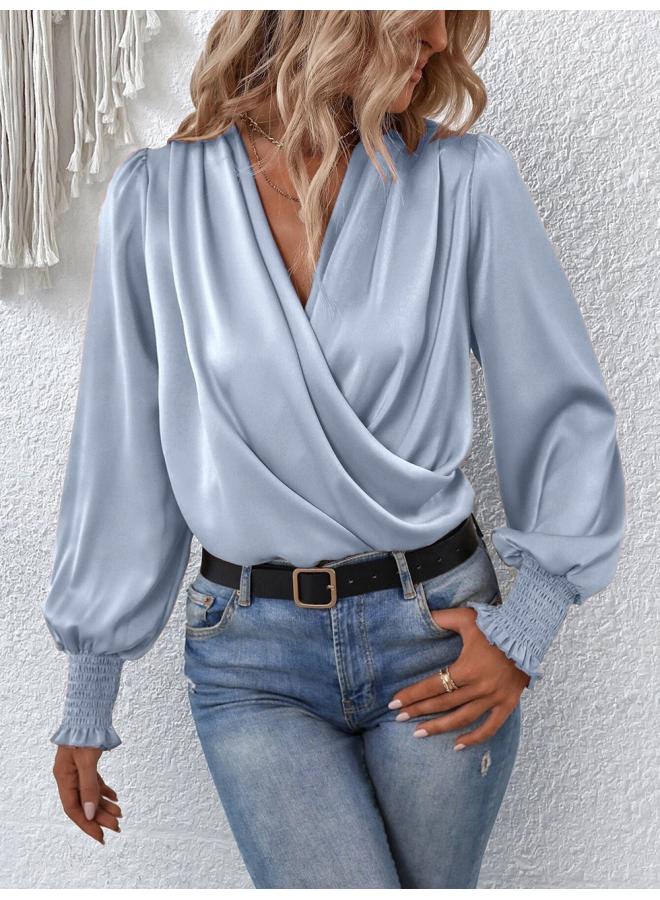 VUELO European And American Women's Elegant Women's V-neck Lantern Sleeve Elegant Commuter Women's Solid Color Shirt - Image 4