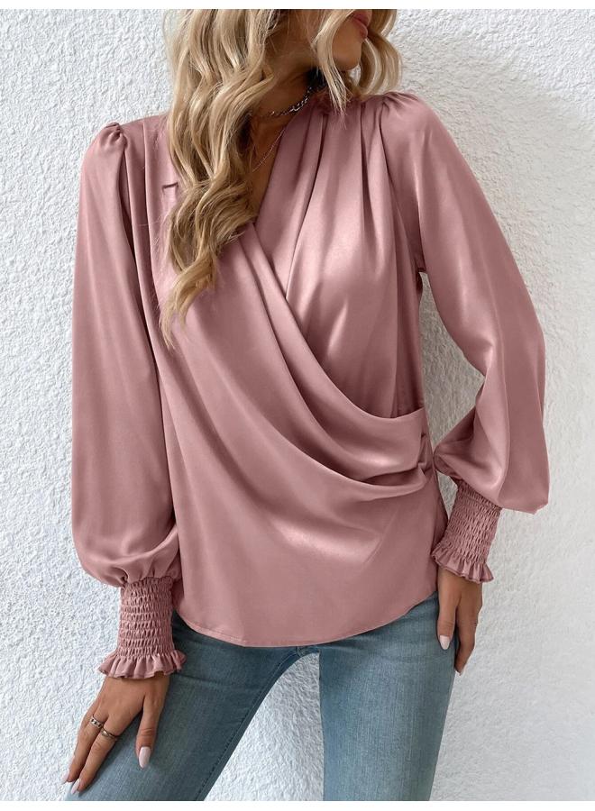 VUELO European And American Women's Elegant Women's V-neck Lantern Sleeve Elegant Commuter Women's Solid Color Shirt - Image 2