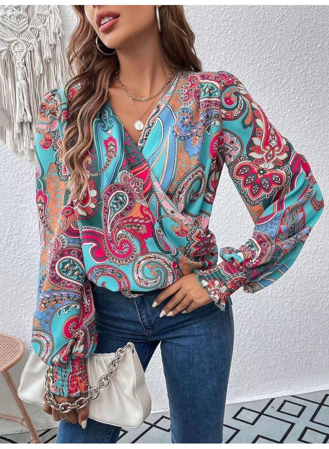VUELO European And American Women's Elegant Women's V-neck Lantern Sleeve Elegant Commuter Women's Solid Color Shirt - Image 3