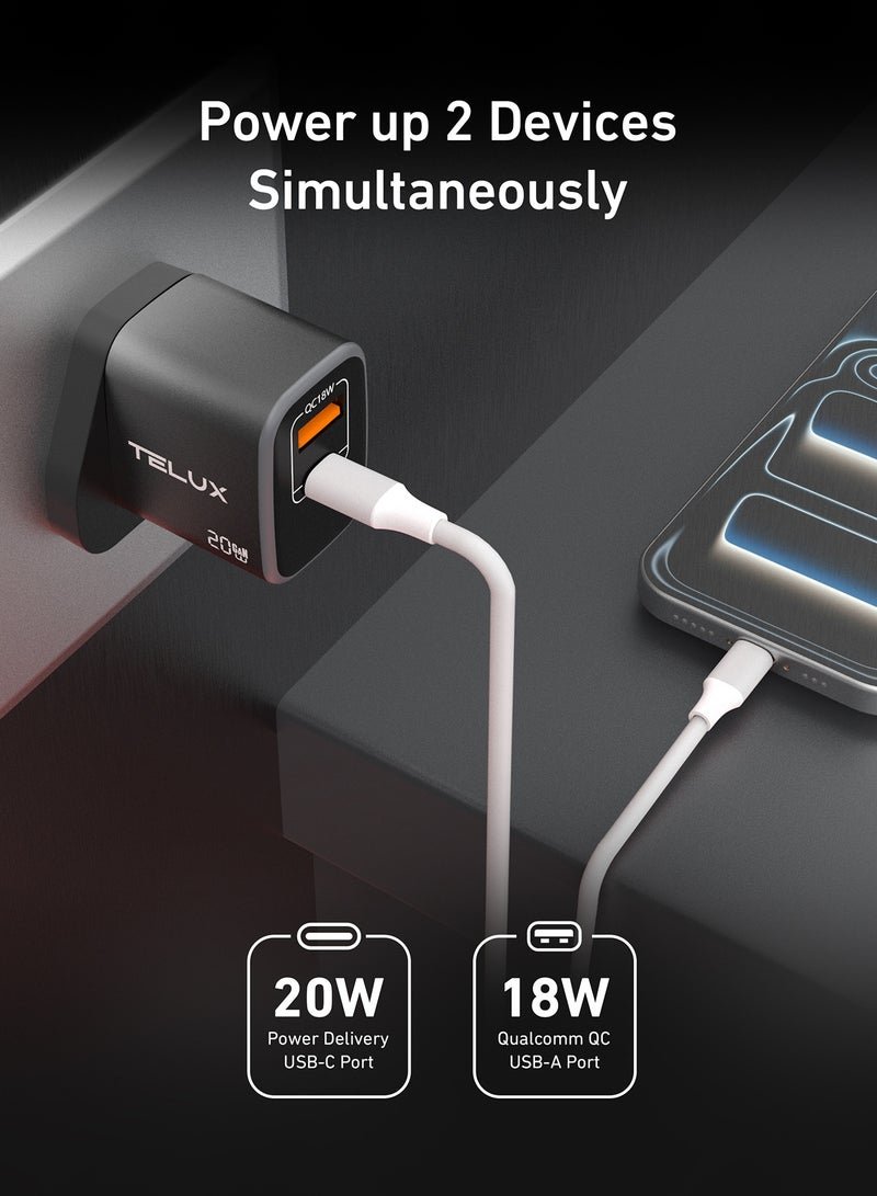 تيلكس شاحن حائط ثنائي المنفذ من GaN بقوة 20 وات، شحن سريع بمنفذي USB-C PD وUSB-A QC، شحن جهازين في وقت واحد، حماية آمنة من الشحن الزائد والدائرة القصيرة - Image 3