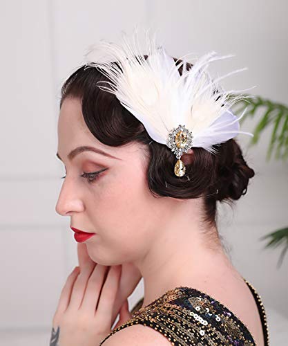 Aimimier Bridal 1920s Flapper Feather Hair Clip Crystal Teardop White Feather Roaring 20s Headpiece Prom Party Festival Hair Jewelry for Women - Image 2