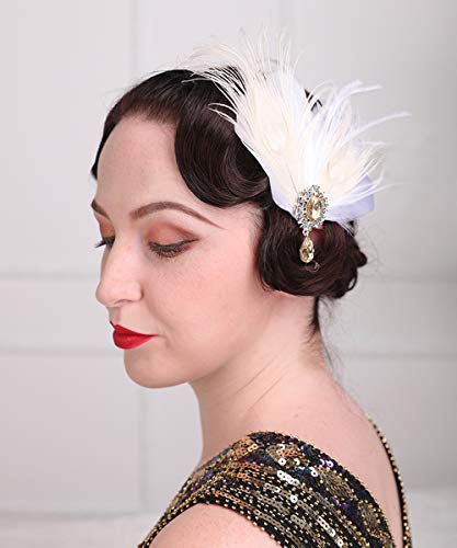 Aimimier Bridal 1920s Flapper Feather Hair Clip Crystal Teardop White Feather Roaring 20s Headpiece Prom Party Festival Hair Jewelry for Women - Image 1