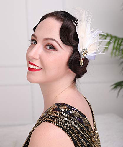 Aimimier Bridal 1920s Flapper Feather Hair Clip Crystal Teardop White Feather Roaring 20s Headpiece Prom Party Festival Hair Jewelry for Women - Image 3