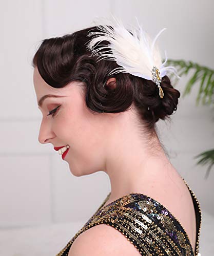 Aimimier Bridal 1920s Flapper Feather Hair Clip Crystal Teardop White Feather Roaring 20s Headpiece Prom Party Festival Hair Jewelry for Women - Image 5