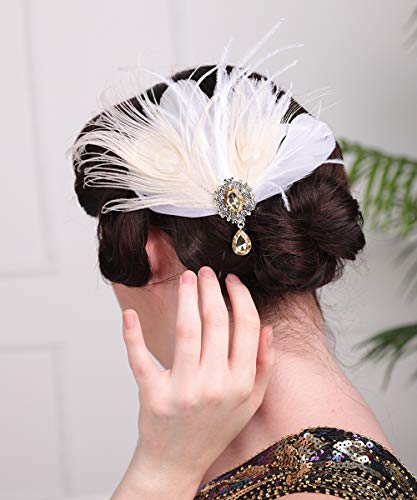 Aimimier Bridal 1920s Flapper Feather Hair Clip Crystal Teardop White Feather Roaring 20s Headpiece Prom Party Festival Hair Jewelry for Women - Image 4